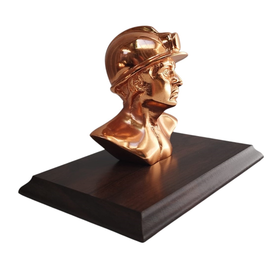 Busto De Minero Metálico Cobrizado, Base De Madera, Placa Grabada