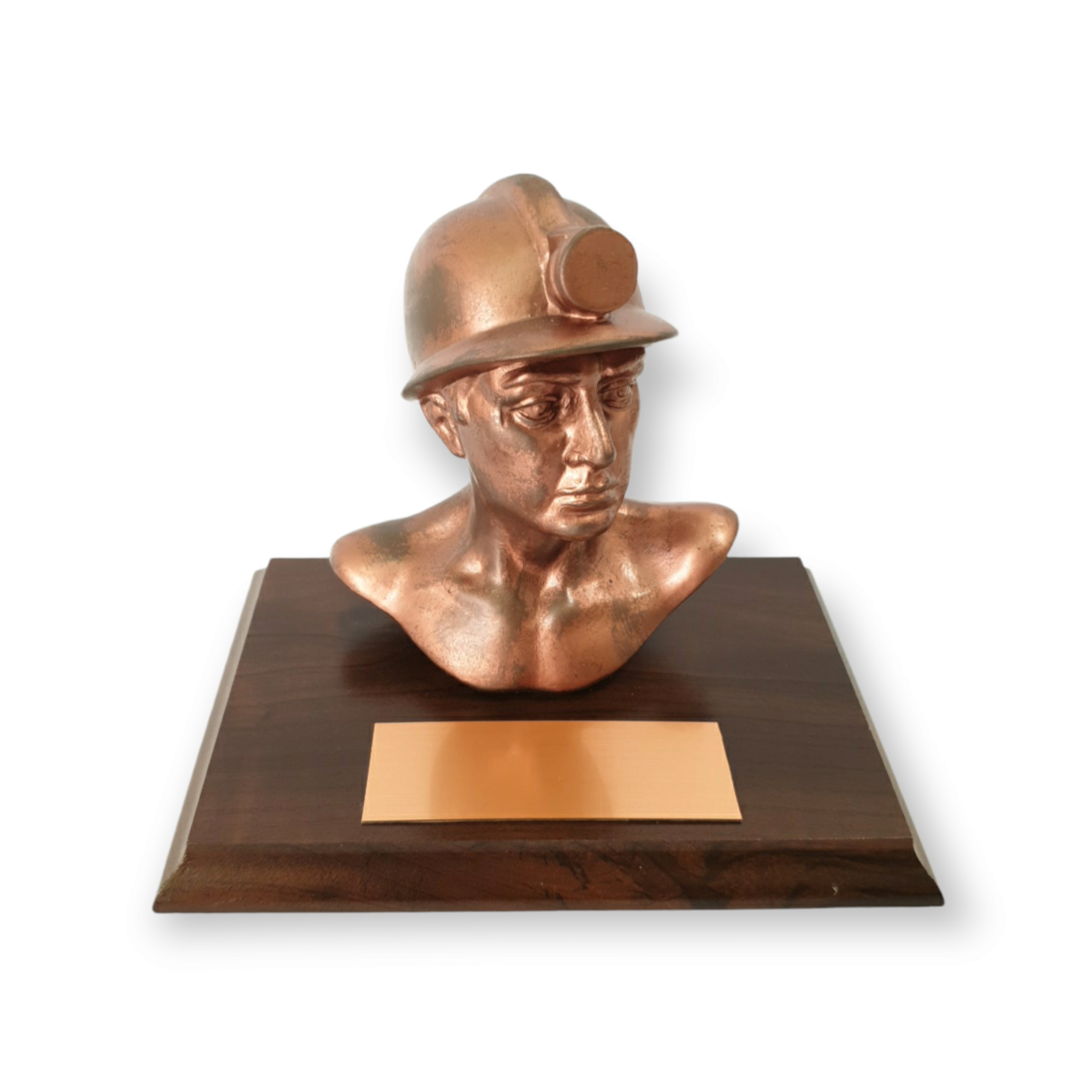 Busto De Minero, Resina Color Cobre, Base De Madera, Placa Grabada