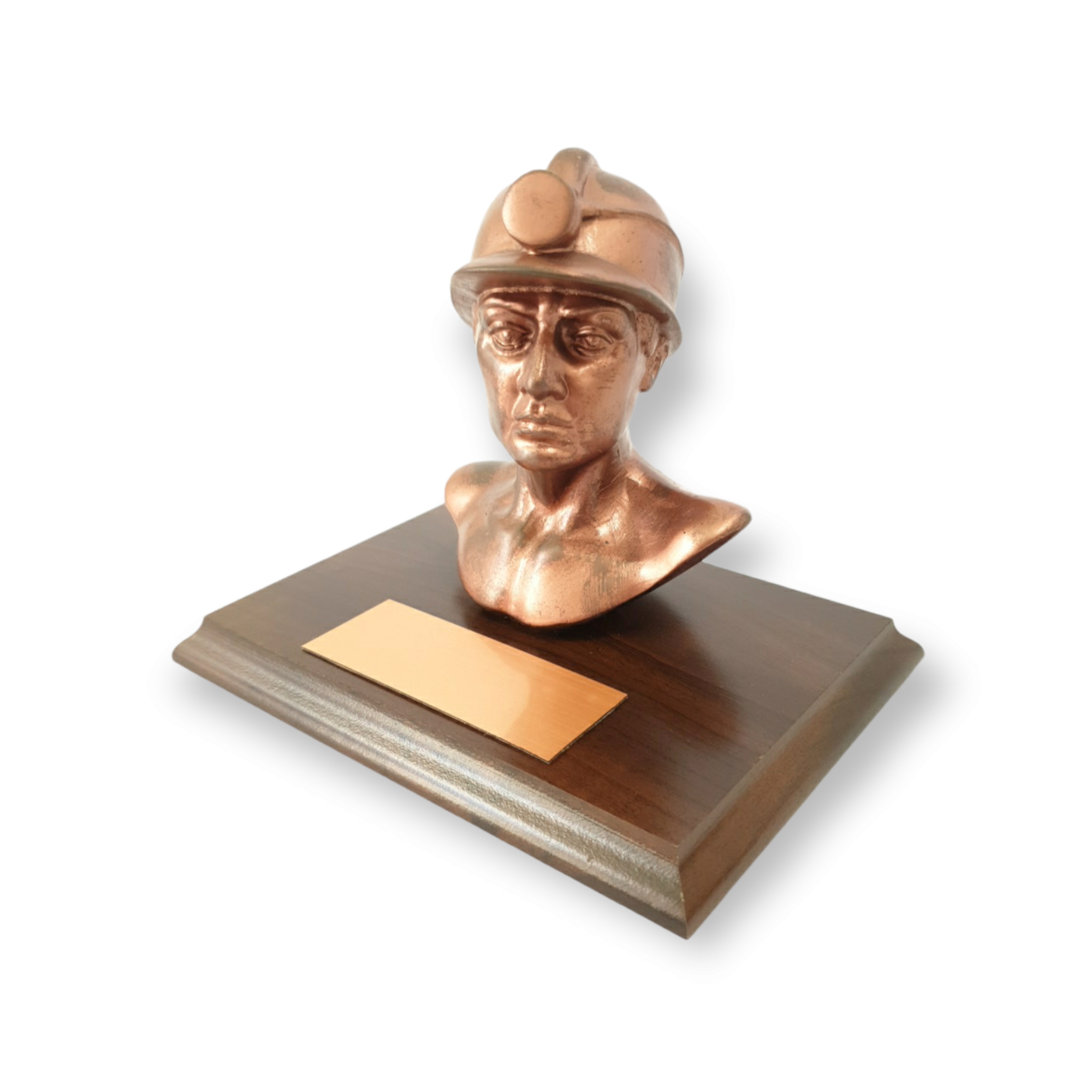 Busto De Minero, Resina Color Cobre, Base De Madera, Placa Grabada