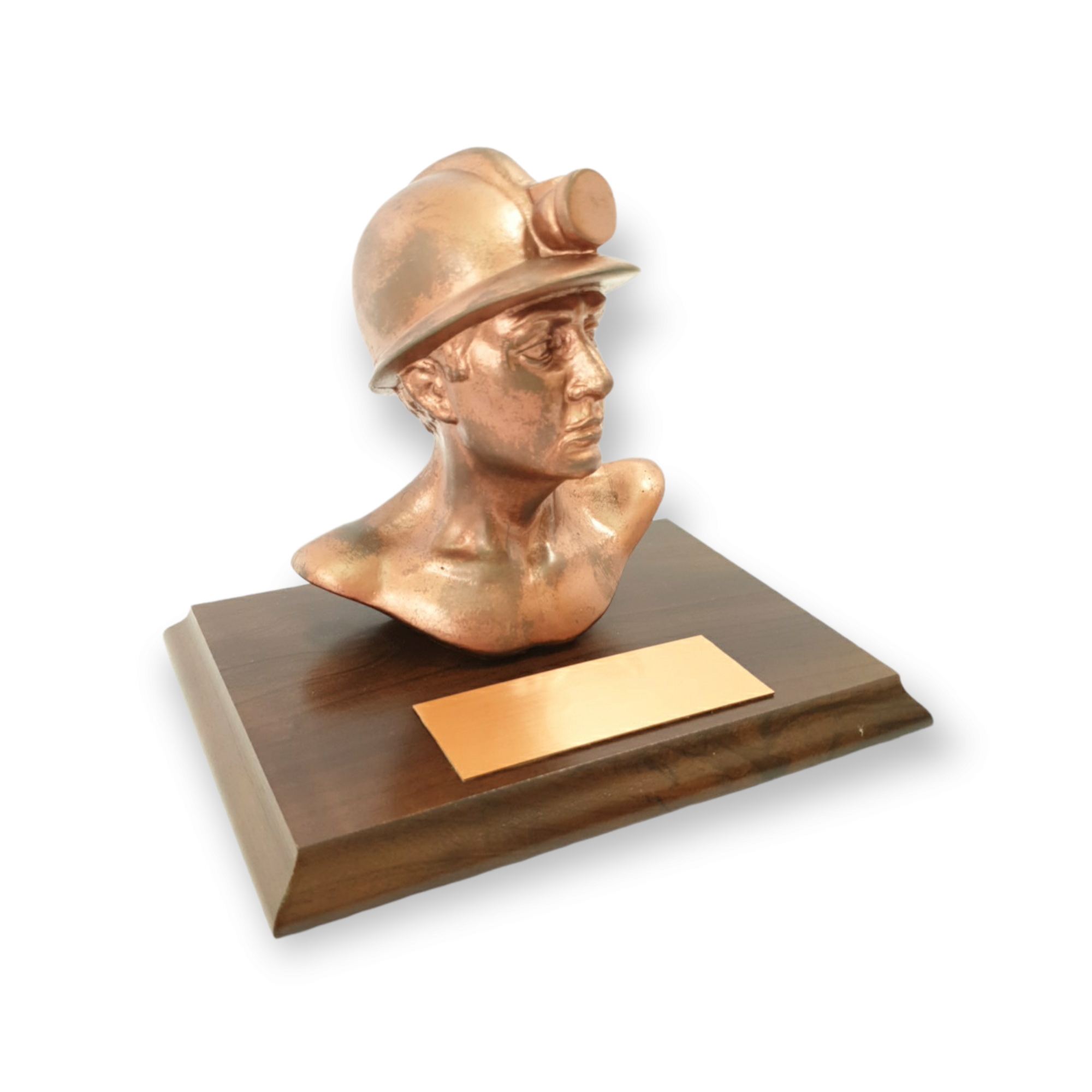 Busto De Minero, Resina Color Cobre, Base De Madera, Placa Grabada