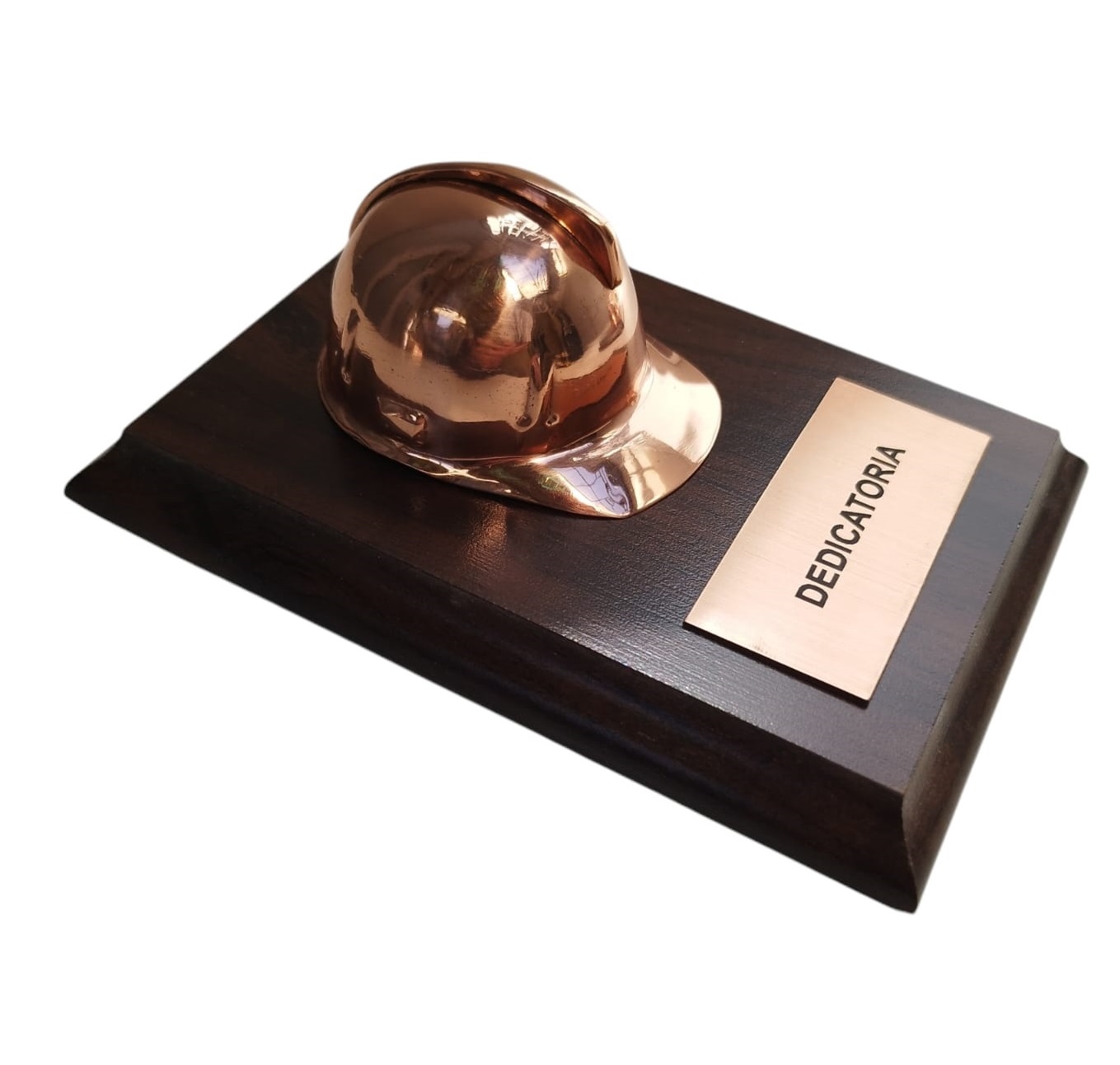 Casco De Cobre En Base De Madera, Placa Grabada