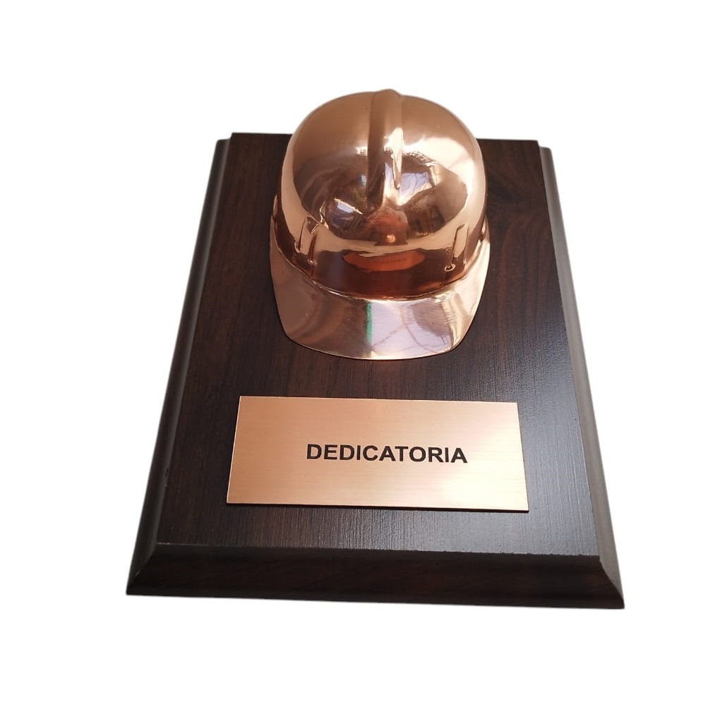 Casco De Cobre En Base De Madera, Placa Grabada