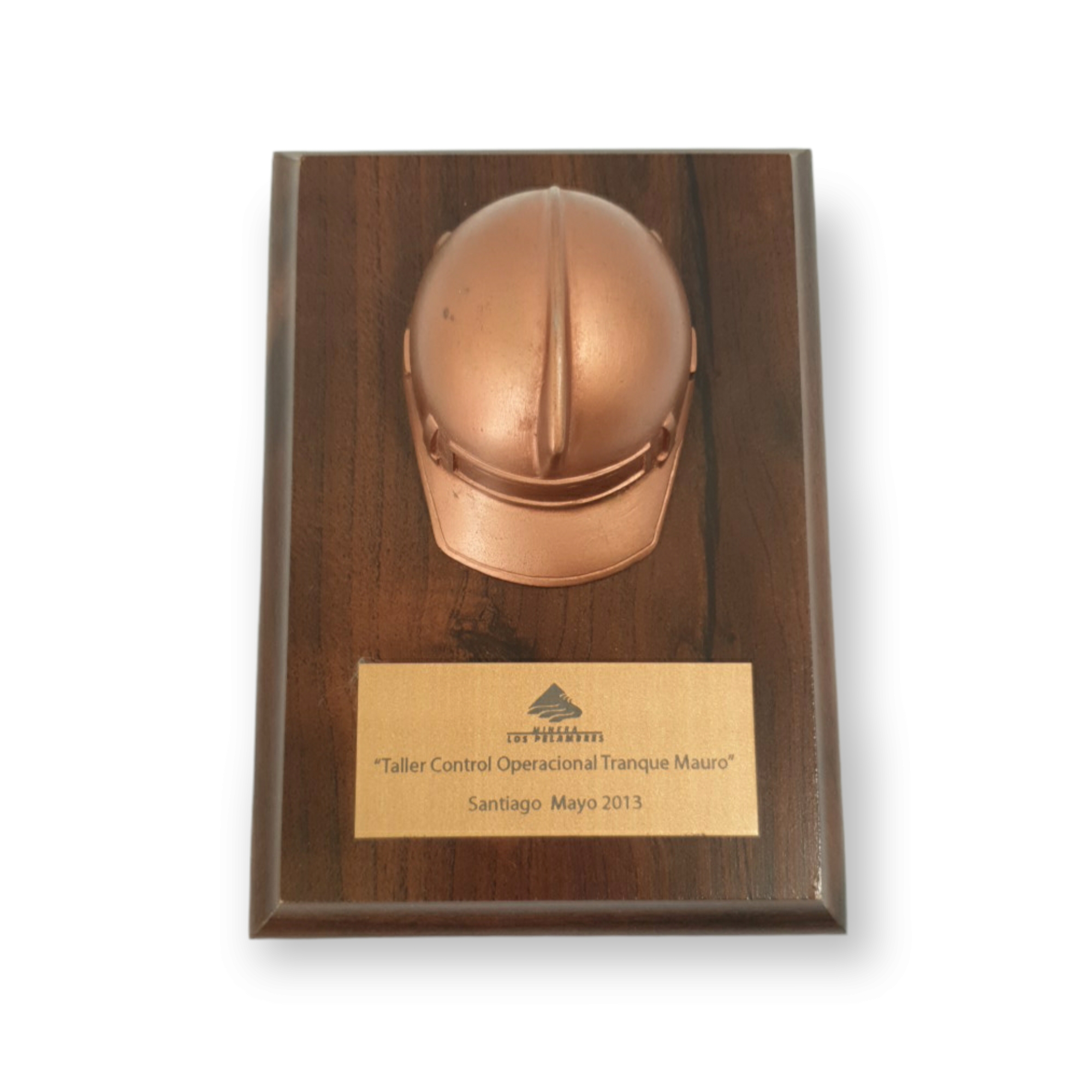 Casco De Resina Color Cobre, Base De Madera, Placa Grabada