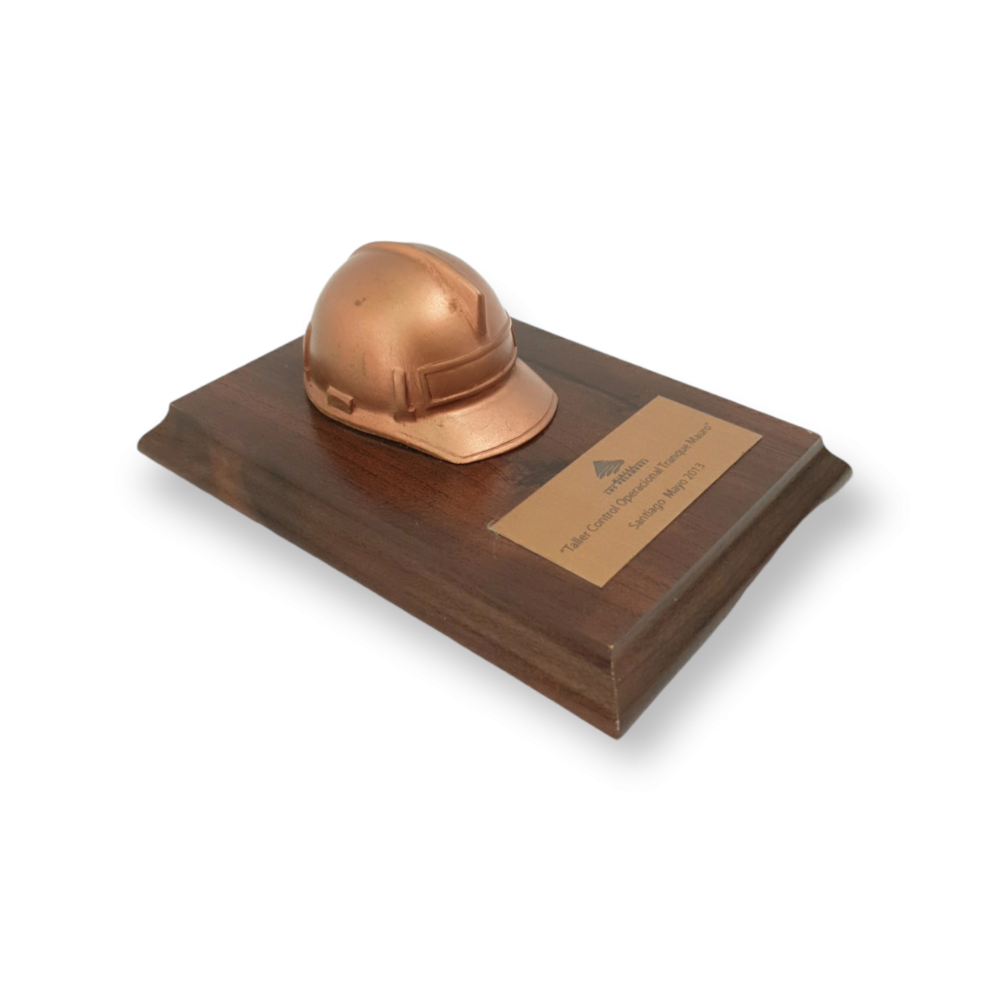 Casco De Resina Color Cobre, Base De Madera, Placa Grabada