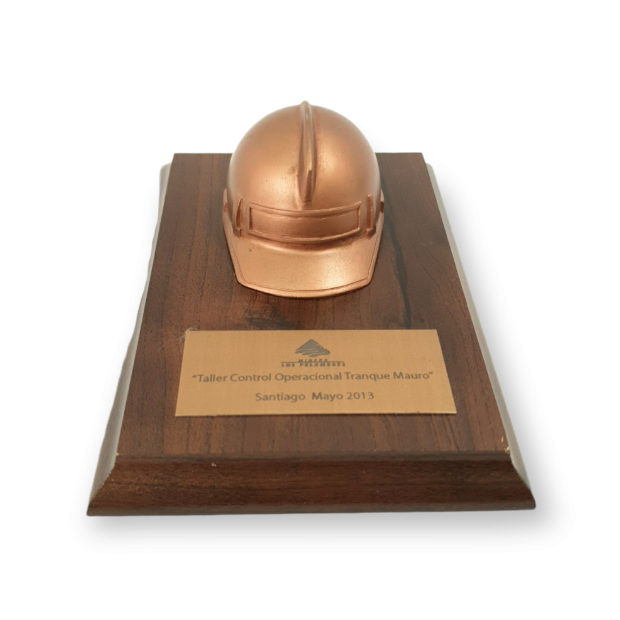 Casco De Resina Color Cobre, Base De Madera, Placa Grabada