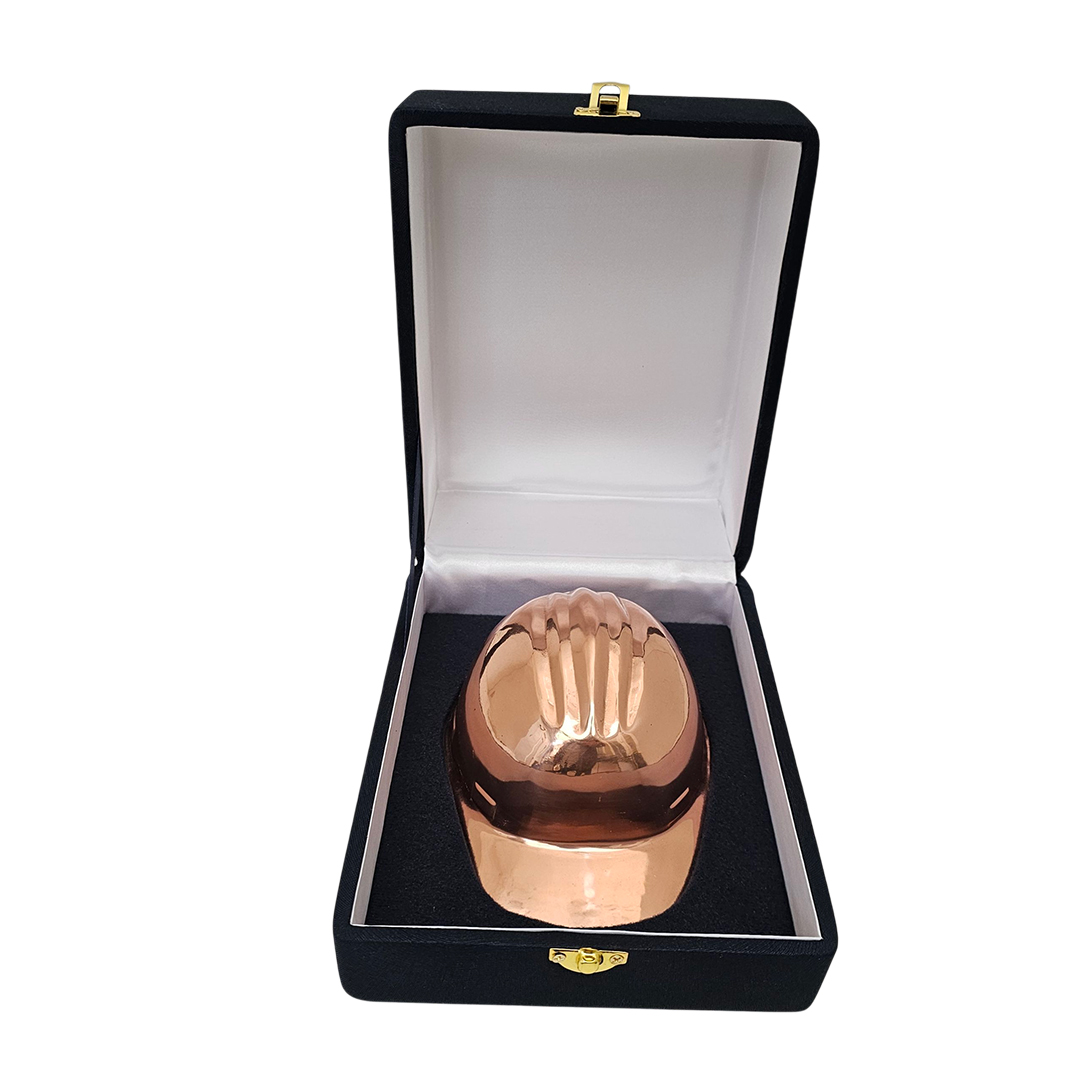 Casco Minero De Cobre Pulido En Caja Azul Con Placa Grabada- Regalo Ejecutivo Premium
