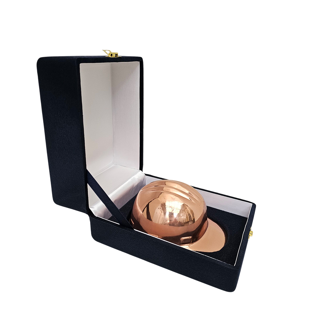 Casco Minero De Cobre Pulido En Caja Azul Con Placa Grabada- Regalo Ejecutivo Premium