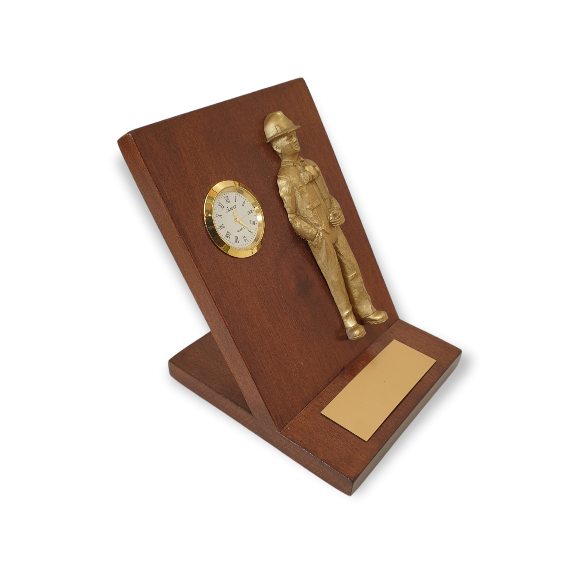 Galvano De Escritorio, Reloj, Figura Minero Dorado, Placa Grabada