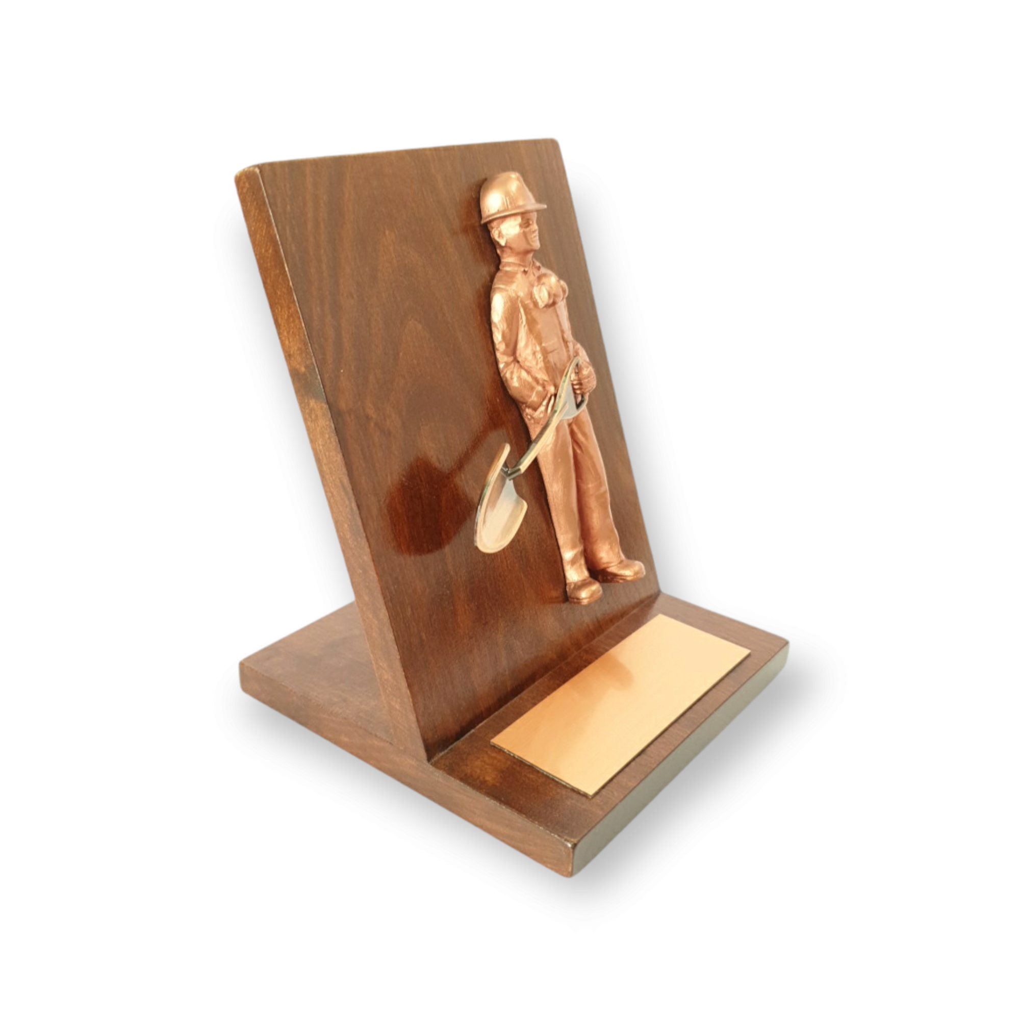 Galvano Escritorio, Minero Con Pala Cobrizado, Placa Grabada