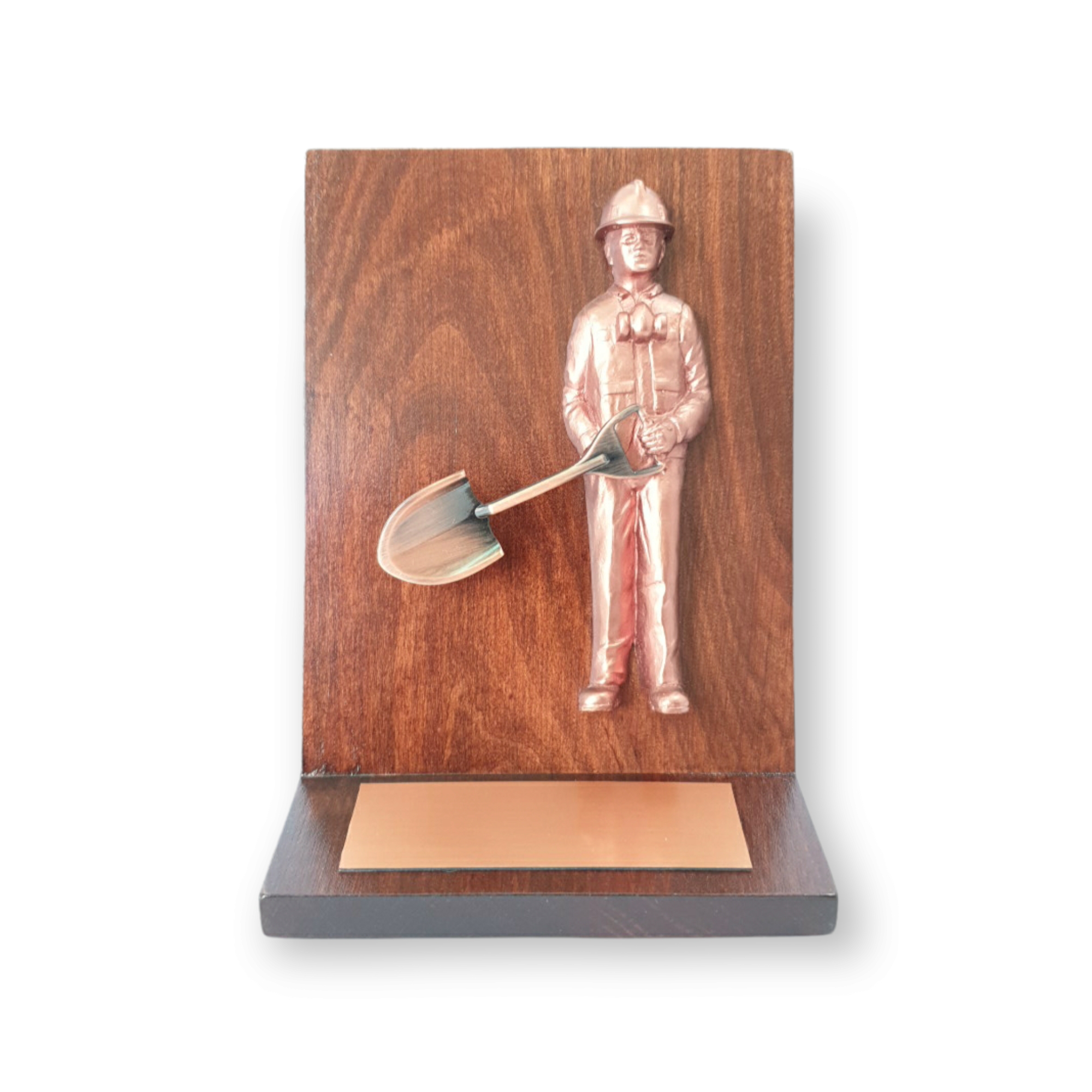 Galvano Escritorio, Minero Con Pala Cobrizado, Placa Grabada