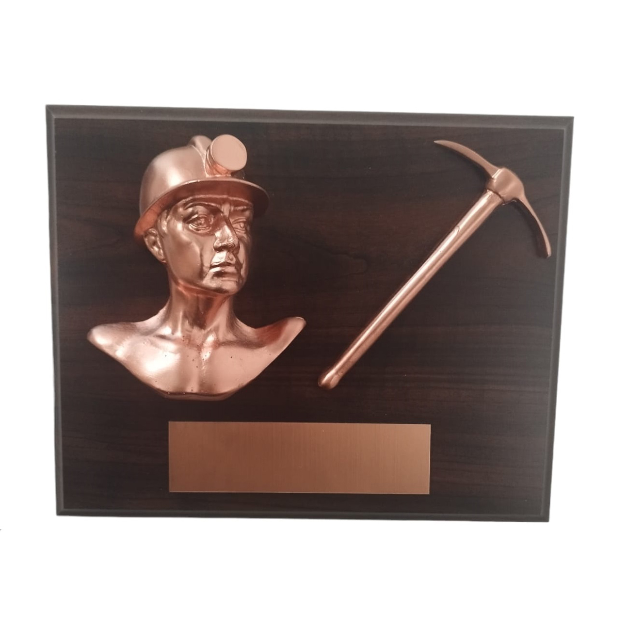 Galvano Rostro Minero De Resina Color Cobre Con Picota Metálica, Placa Grabada