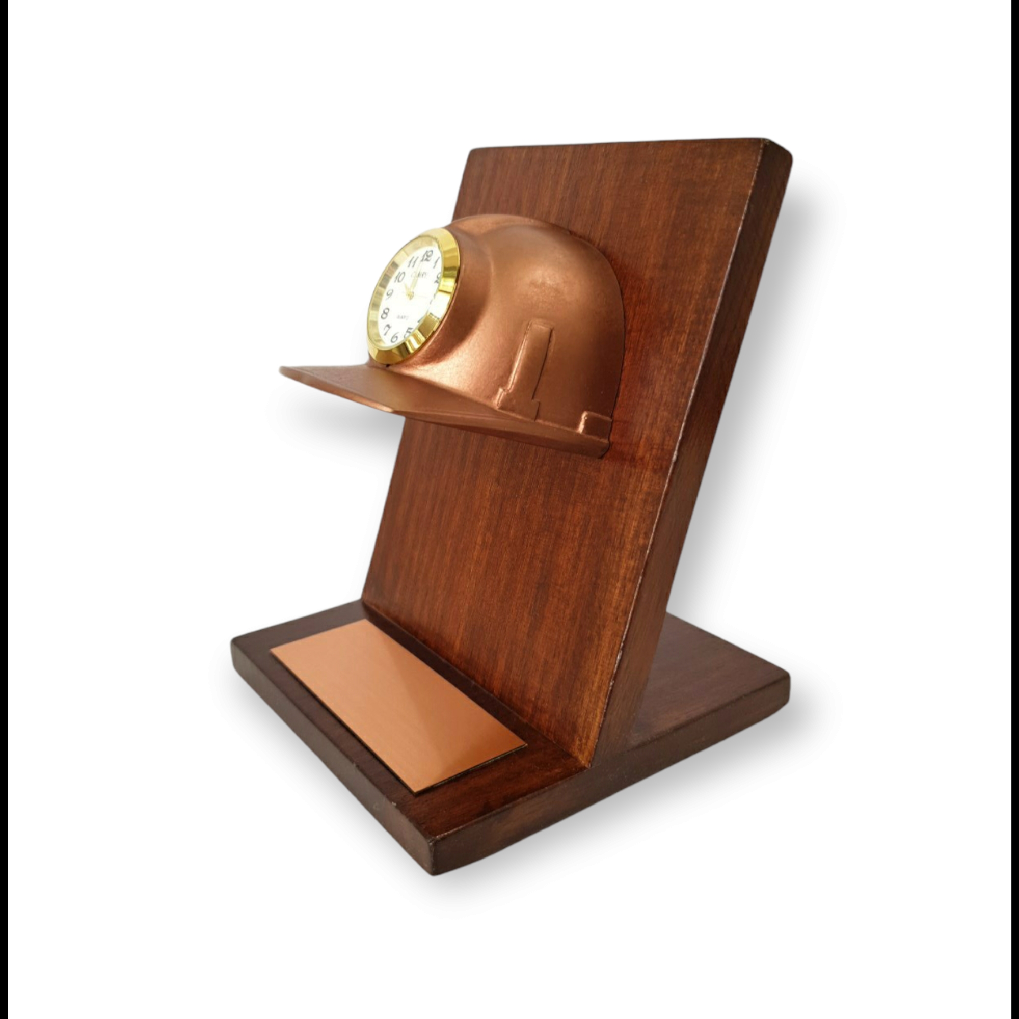 Medio Casco De Resina Con Reloj, Base De Madera, Placa Grabada