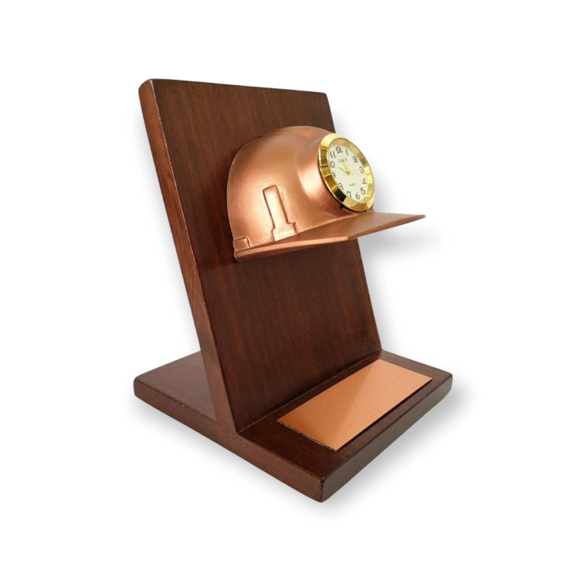 Medio Casco De Resina Con Reloj, Base De Madera, Placa Grabada