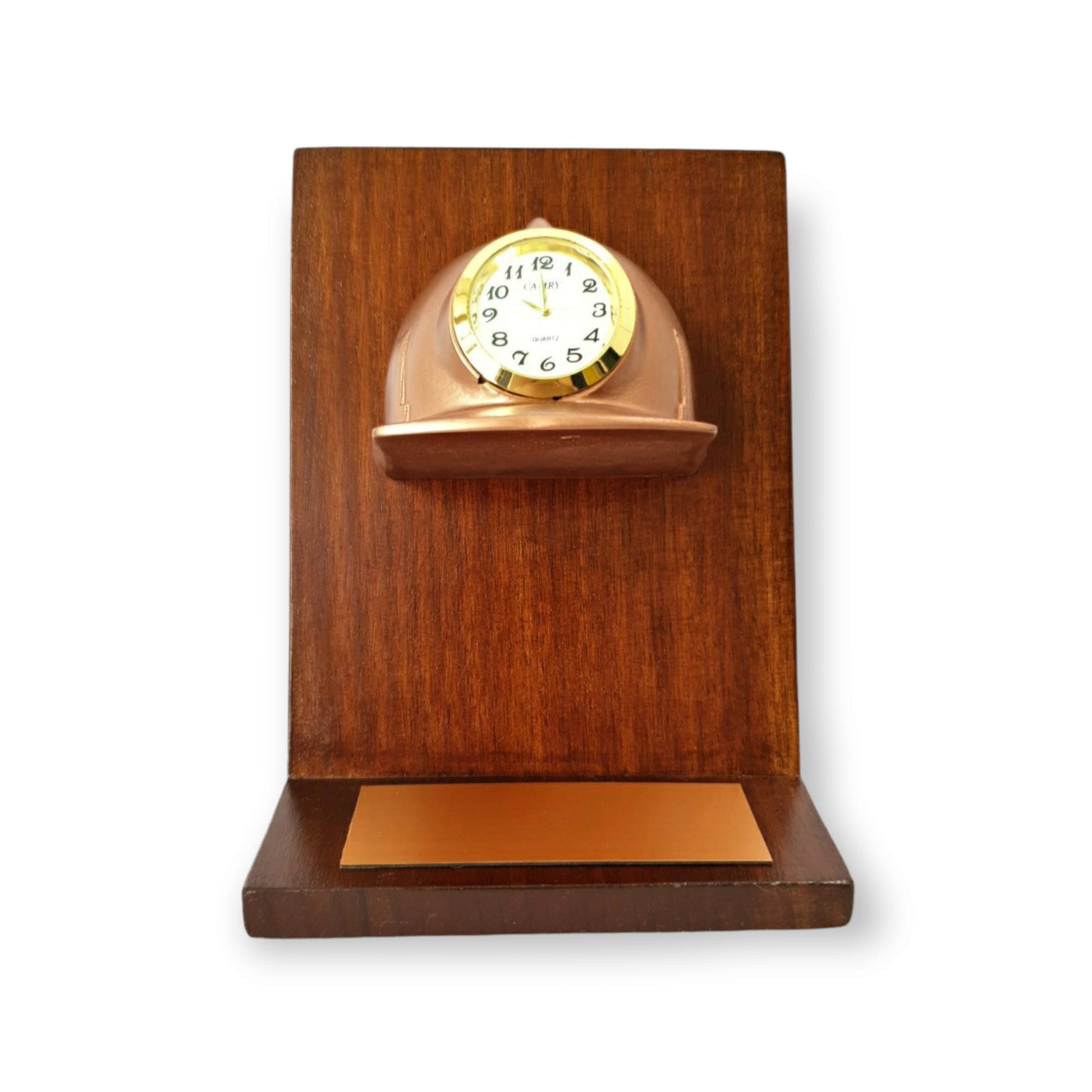 Medio Casco De Resina Con Reloj, Base De Madera, Placa Grabada