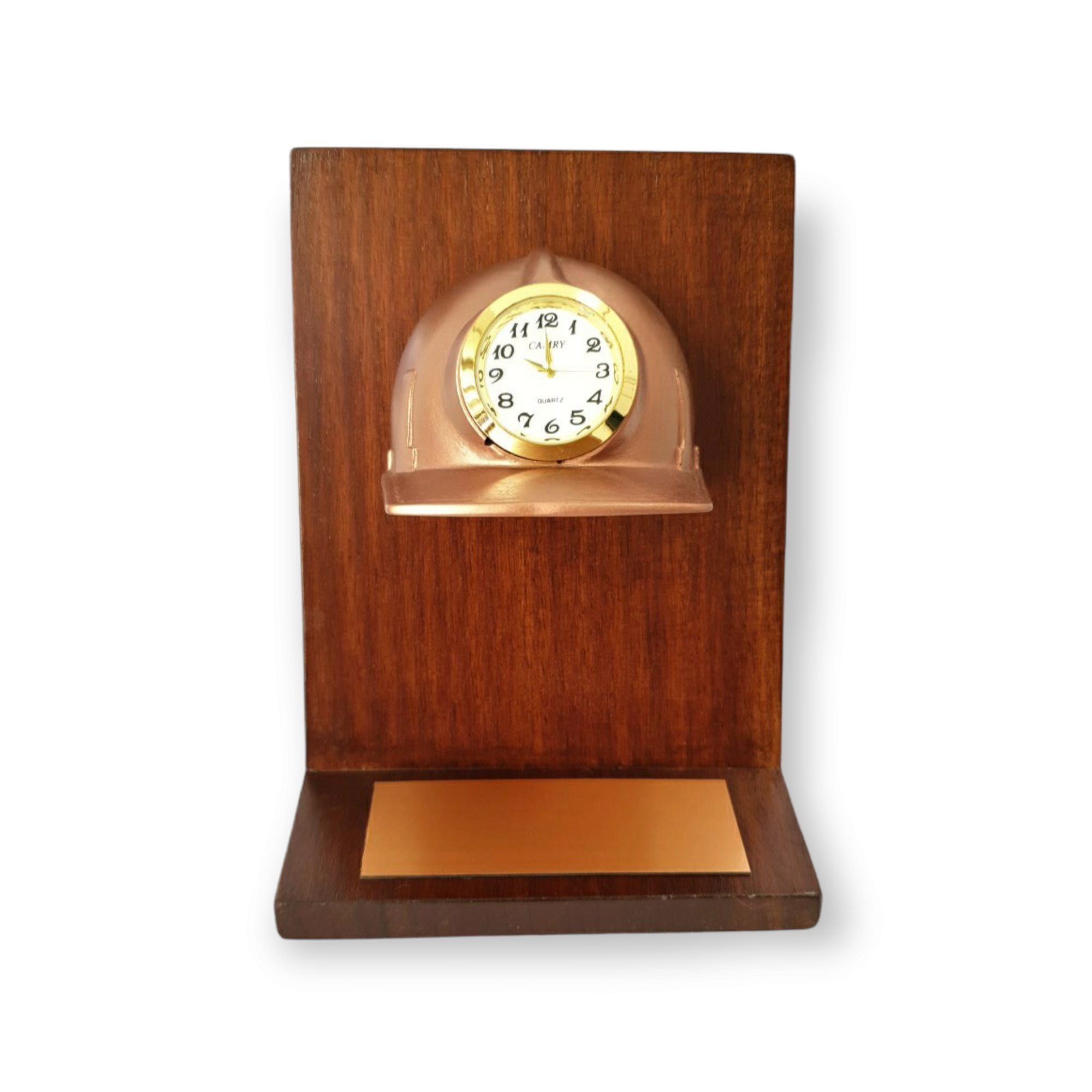 Medio Casco De Resina Con Reloj, Base De Madera, Placa Grabada